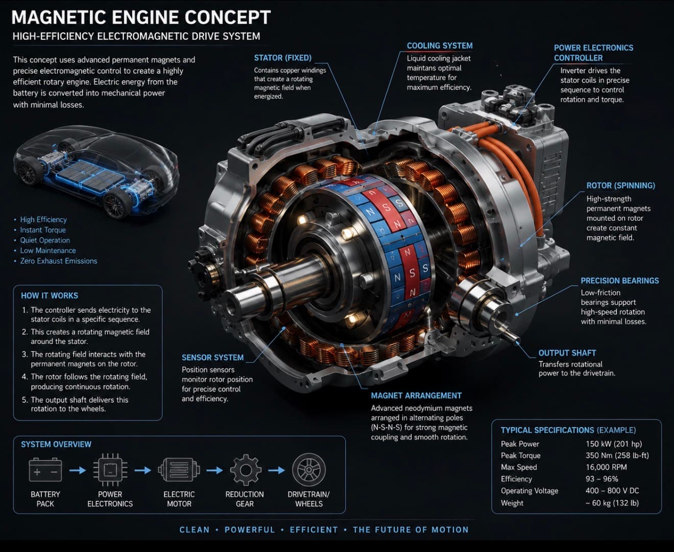 Detailed cutaway infographic of a magnetic engine concept showing internal components and technical specifications.