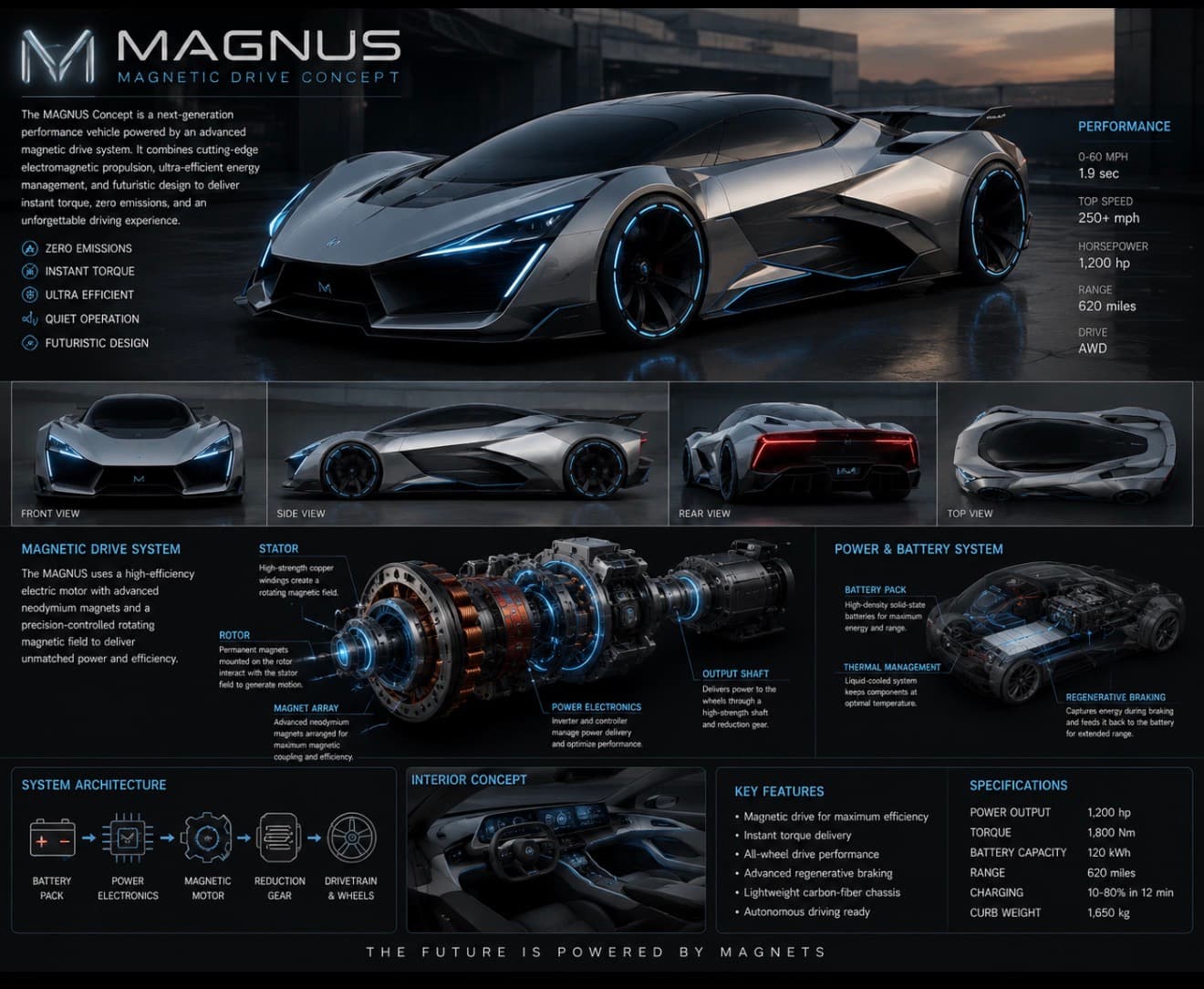 Magnus Magnetic Drive Concept supercar infographic featuring technical diagrams, performance specifications, and futuristic design.