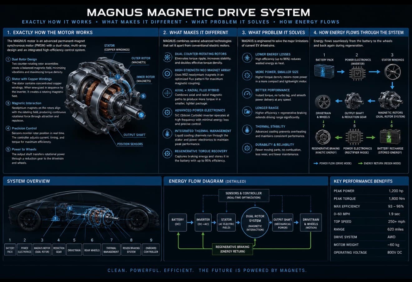 Infographic detailing the Magnus Magnetic Drive System's motor design, energy flow, and key performance benefits.