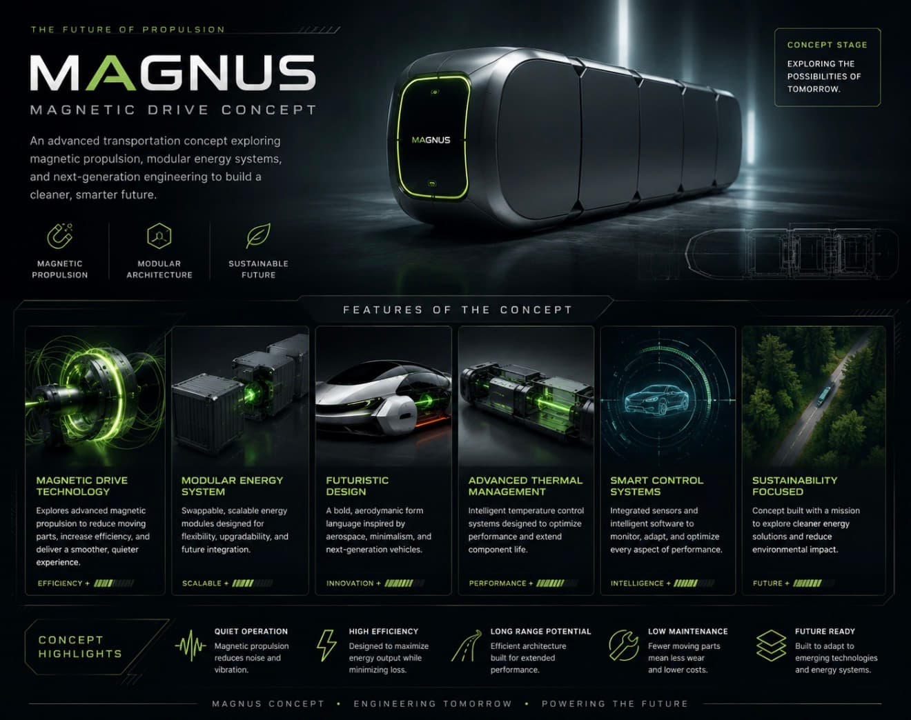 Infographic for MAGNUS Magnetic Drive Concept featuring modular pods and advanced magnetic propulsion technology.