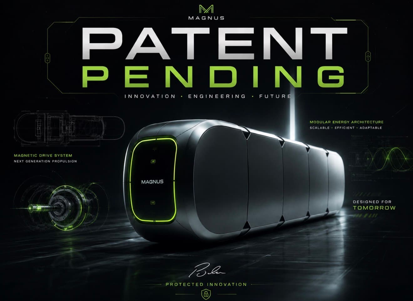 Futuristic Magnus modular energy device with green glowing accents, technical diagrams, and Patent Pending text.
