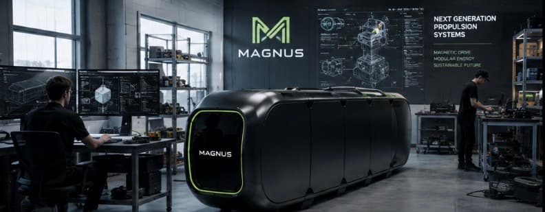 Engineers in a modern laboratory working on a large black Magnus propulsion system with schematics.