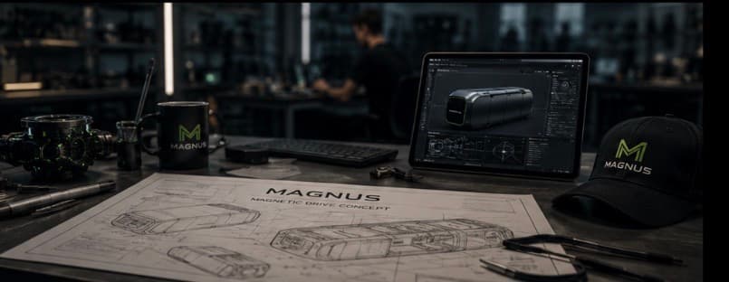 Blueprints and a tablet displaying a 3D magnetic drive concept on a Magnus branded desk.