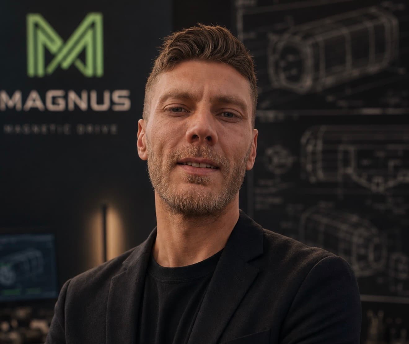 Bearded man in a black blazer posing before Magnus Magnetic Drive branding and blueprints.